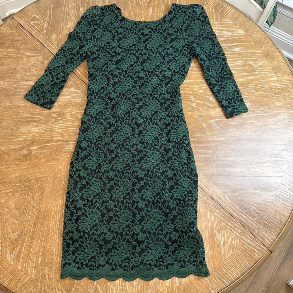 B Darlin Dark Green Lace 3/4 length Sleeve fitted open back Dress
